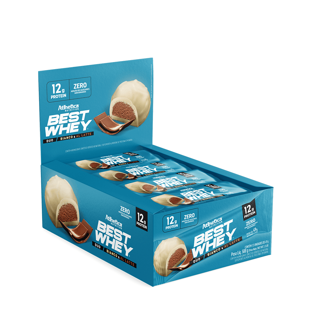 Barrinha Proteica Best Whey Bar 12g Duo Bianco & Al Latte Atlhetica Nutrition Display 12 unidades de 49g