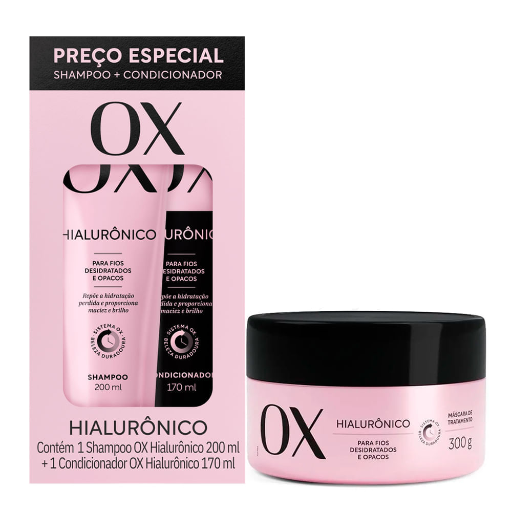 Kit Ox Shampoo 200ml + Condicionador Hialurônico 170ml + Máscara Ox Hialurônico 300g