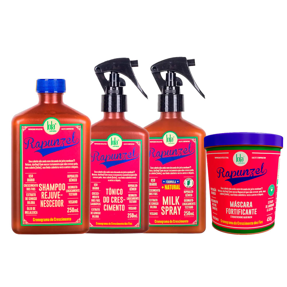 Kit Lola Cronogramama De Crescimento Rapunzel Shampoo + Tônico De Crescimento + Milk Spray + Máscara Fortificante