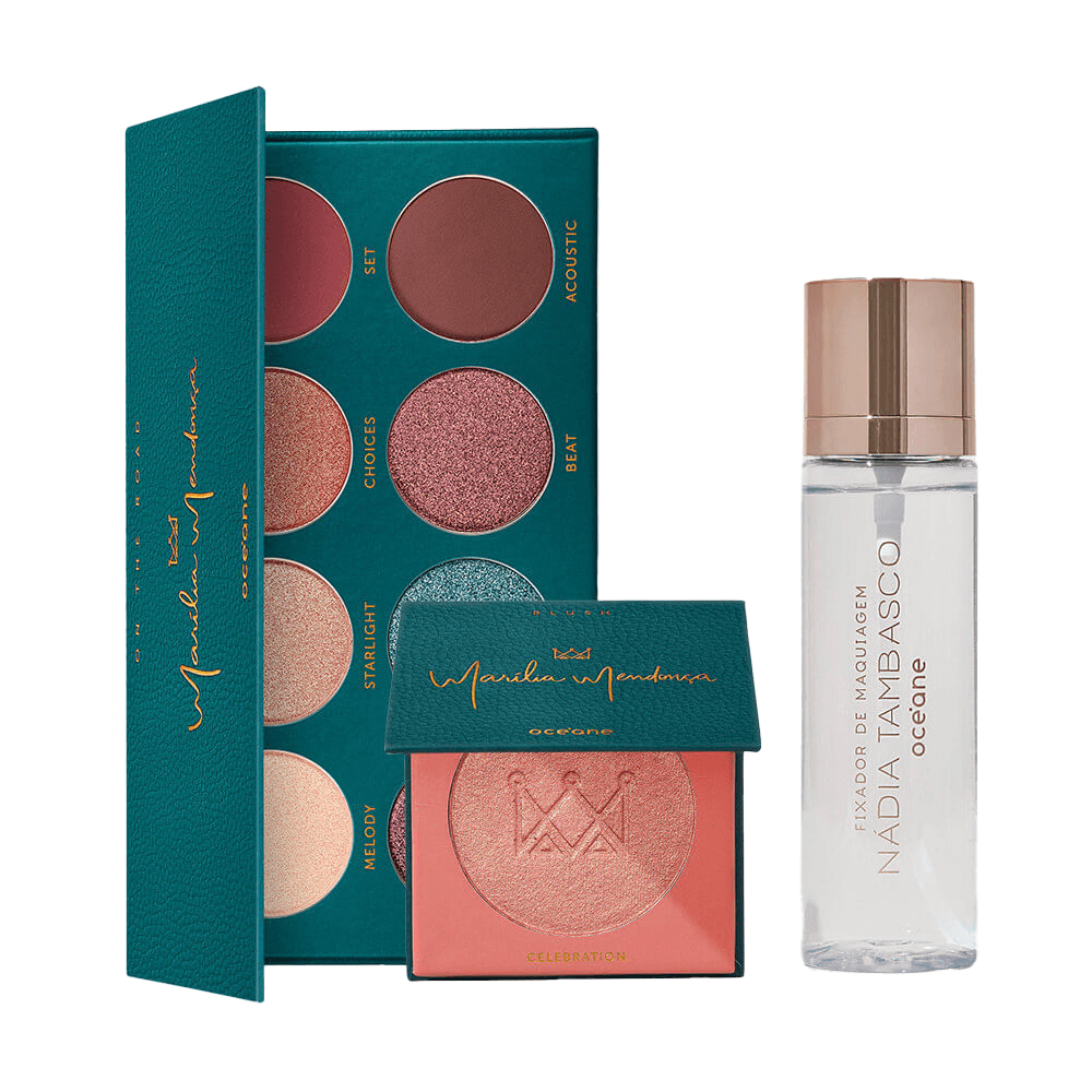 Kit Paleta de Sombras + Blush Cintilante + Fixador de Maquiagem