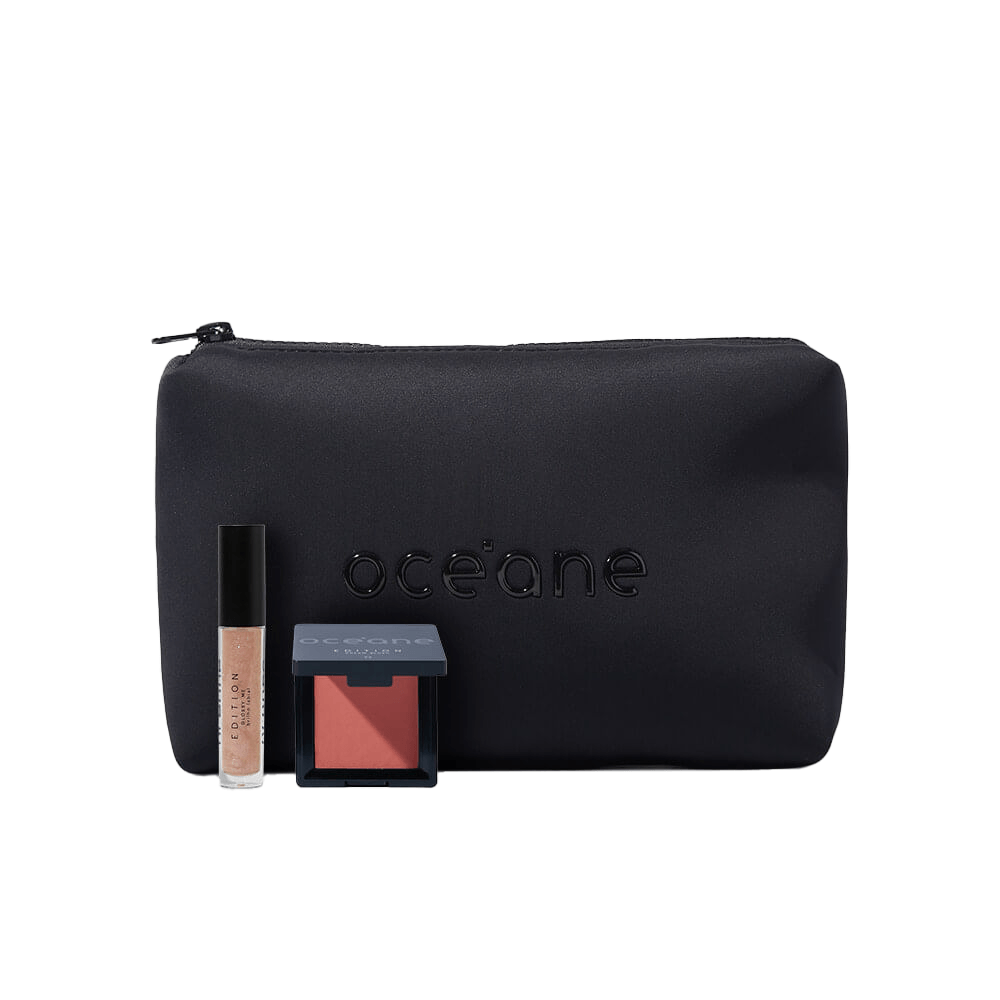 Kit Nécessaire Preto + Blush Cremoso + Brilho Labial Transparente