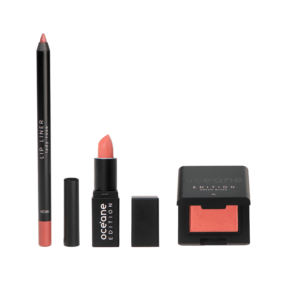 Kit Lápis Labial Rosa + Mini Batom Nude +  Mini Blush Cremoso Caramelo Océane Edition
