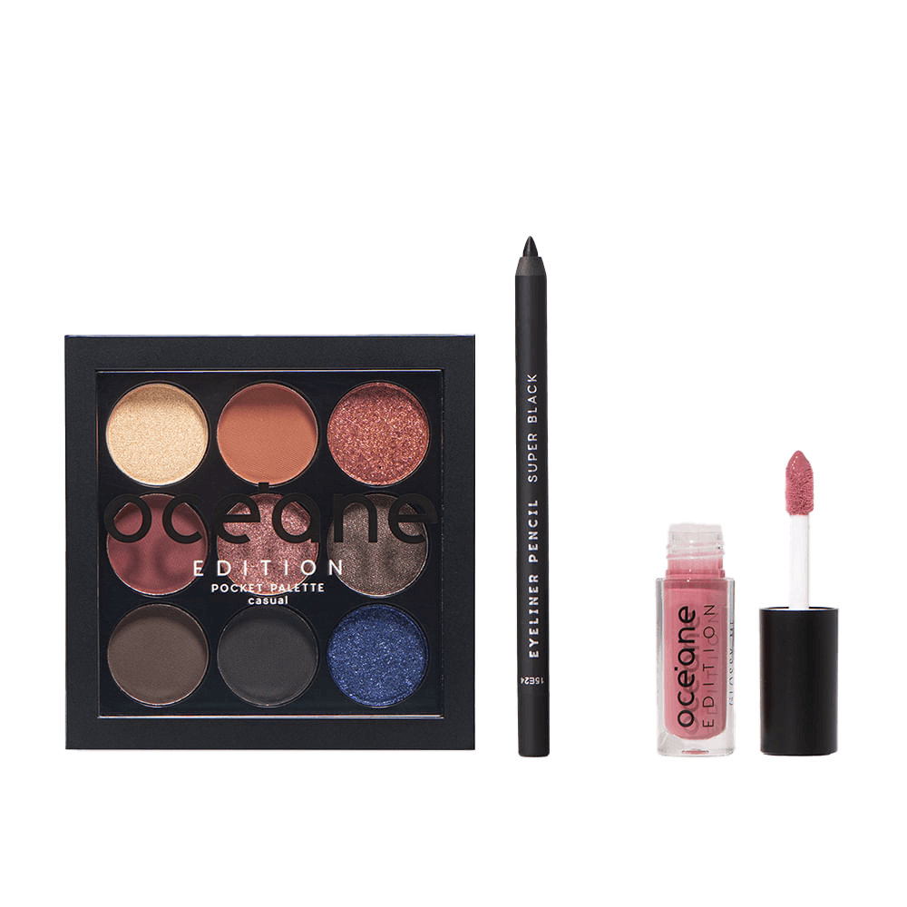 Kit Paleta de Sombras Casual + Mini Brilho Labial Rosa + Lápis para Olhos Preto Océane