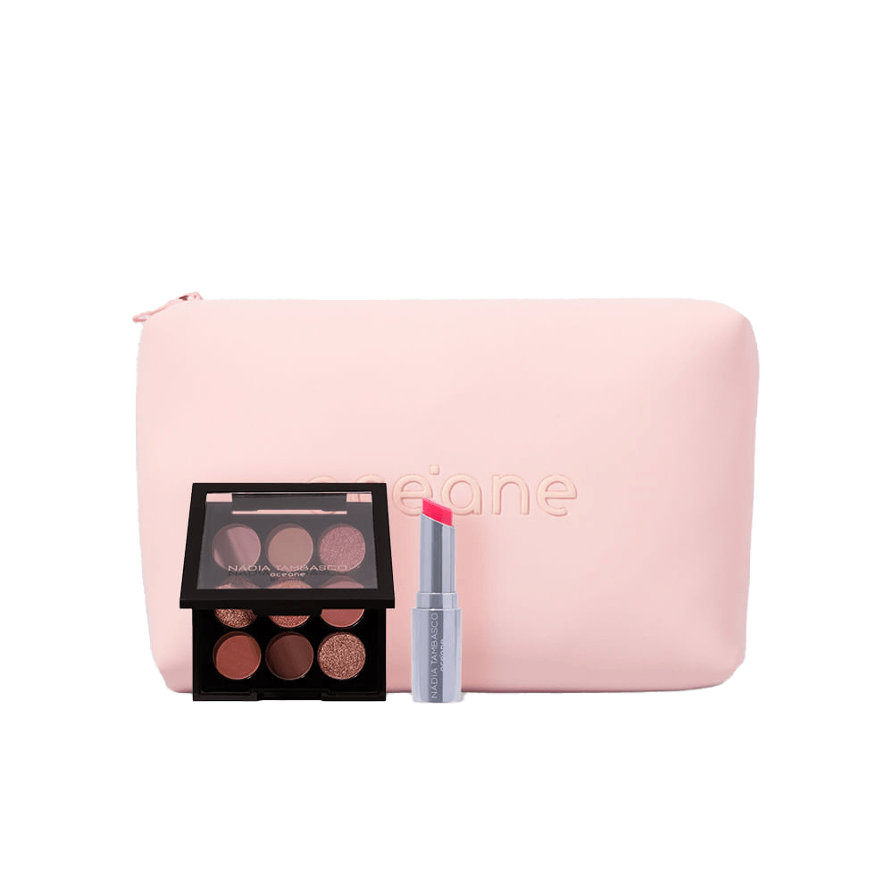 Kit Nécessaire Rosa + Paleta De Sombras +  Revitalizador Labial Rosa
