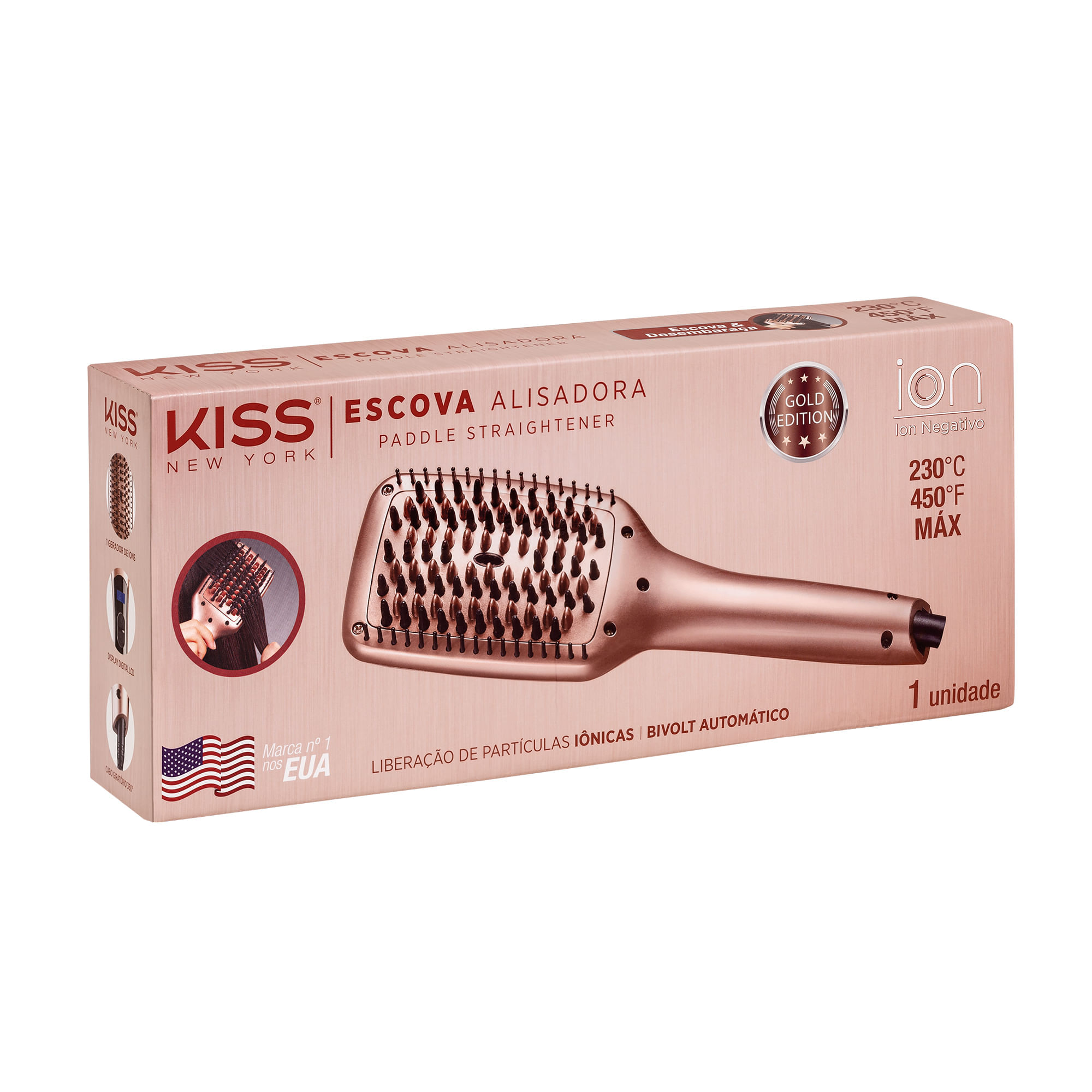 Escova Alisadora Linha Gold Edition Bivolt Kiss New York