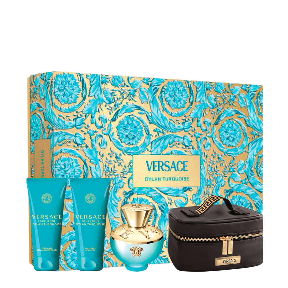 Kit Versace Dylan Turquoise Feminino Eau De Toilette 100ml + Body Lotion 100ml + Shower Gel 100ml + Nécessaire