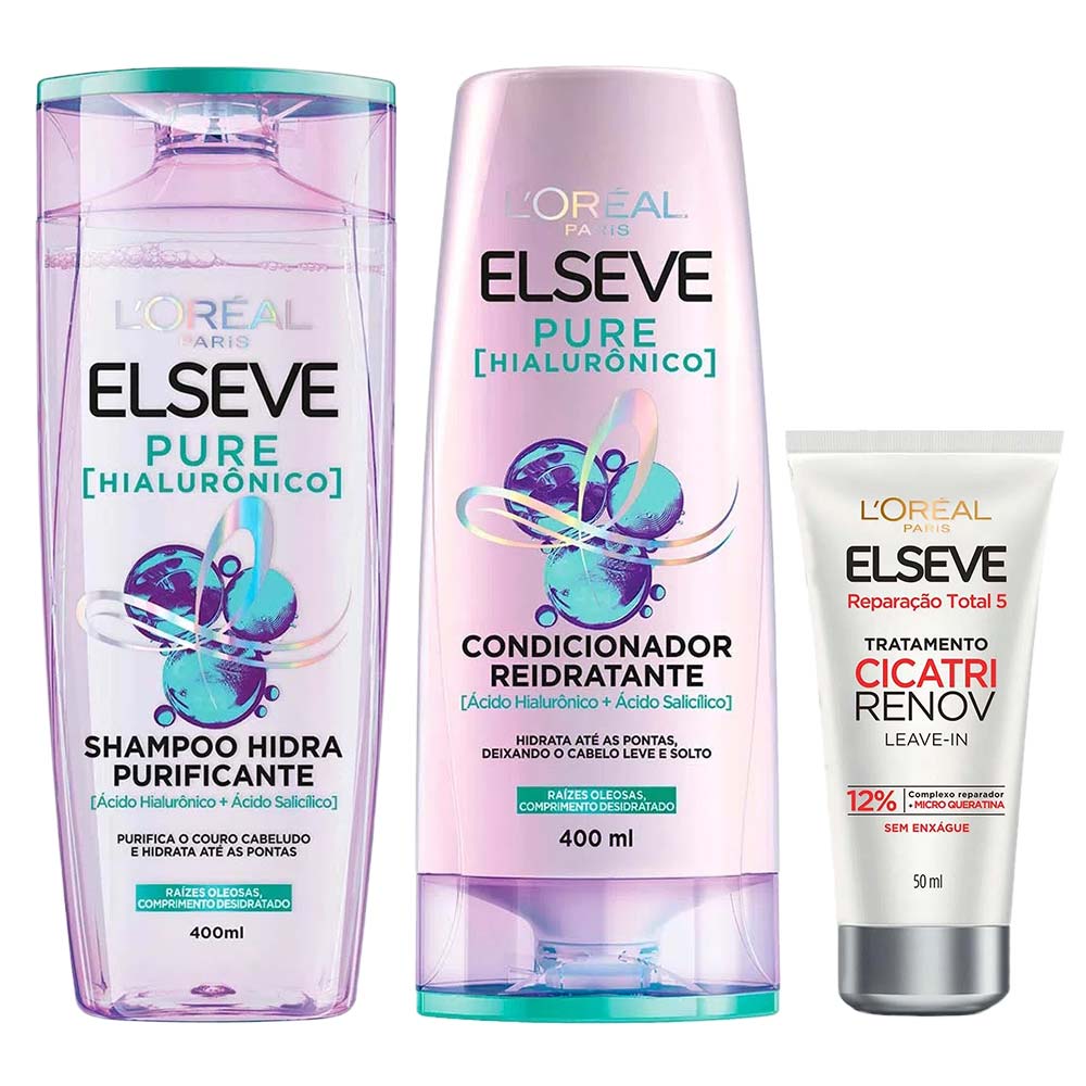 Elseve Pure Hialurônico Kit Shampoo + Condicionador + Leave In Tratamento Cicatri Renov