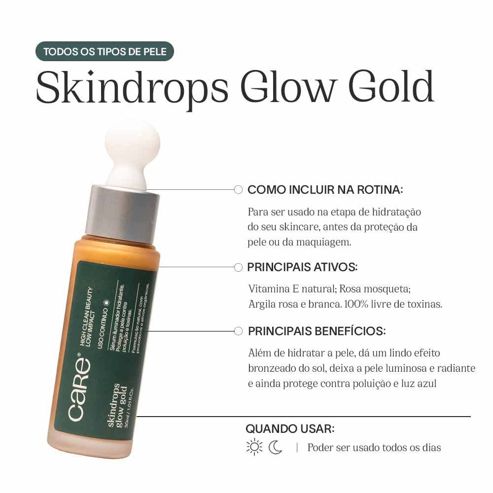 Sérum Facial Iluminador Hidratante CARE Natural Beauty Skindrops Glow Gold 30ml