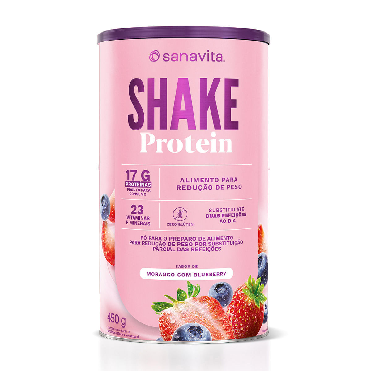 Shake Protein Morango C/ Blueberry Sanavita 23 Vitaminas E Minerais Calorias Reduzidas 450G