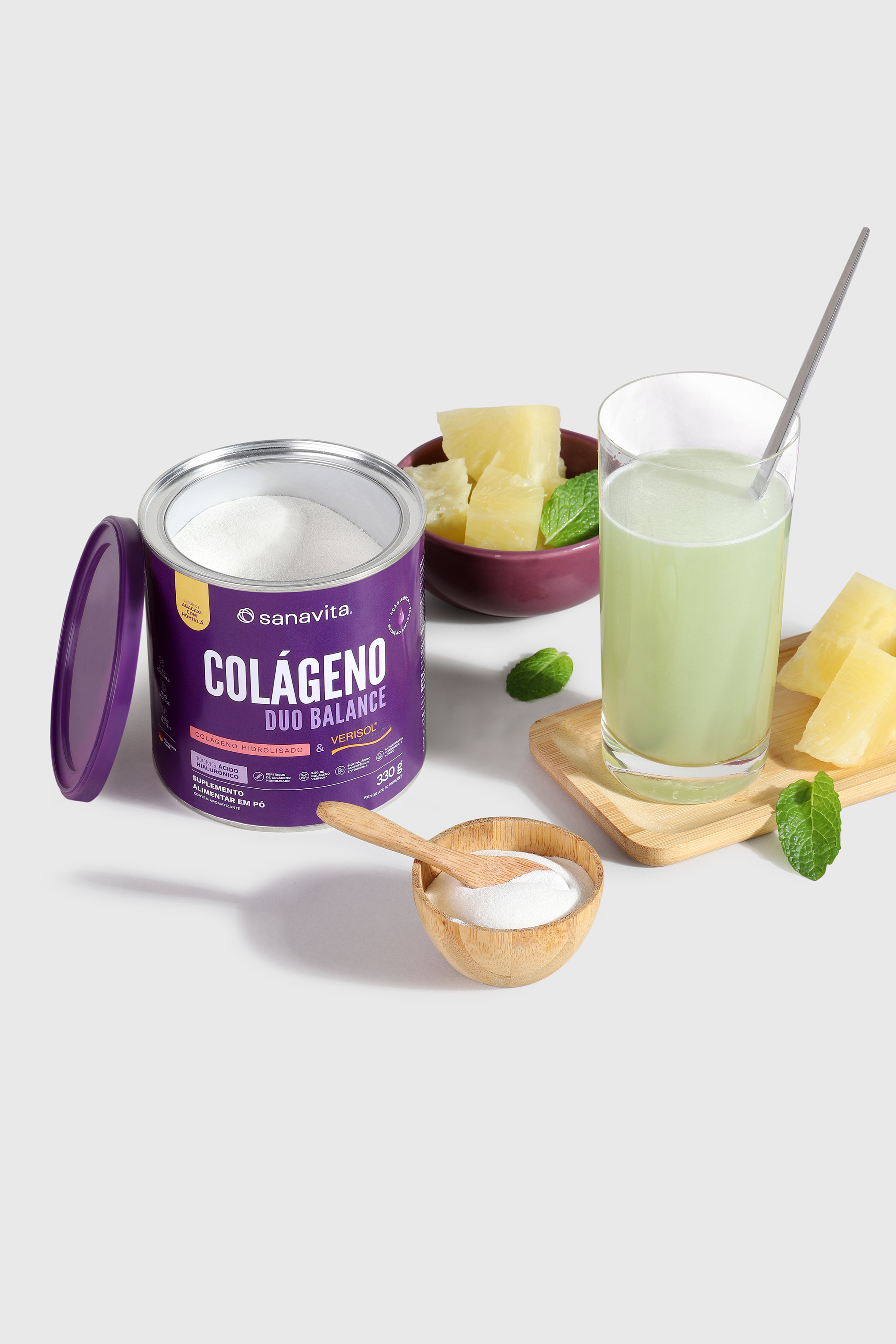 Colágeno Verisol Sabor Abacaxi Com Hortelã Sanavita + Ácido Hialurônico 330G