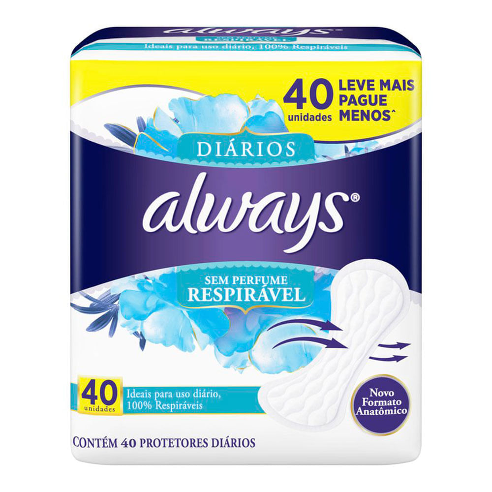 Protetores Diários sem Abas Always Respirável sem Perfume 40 Unidades