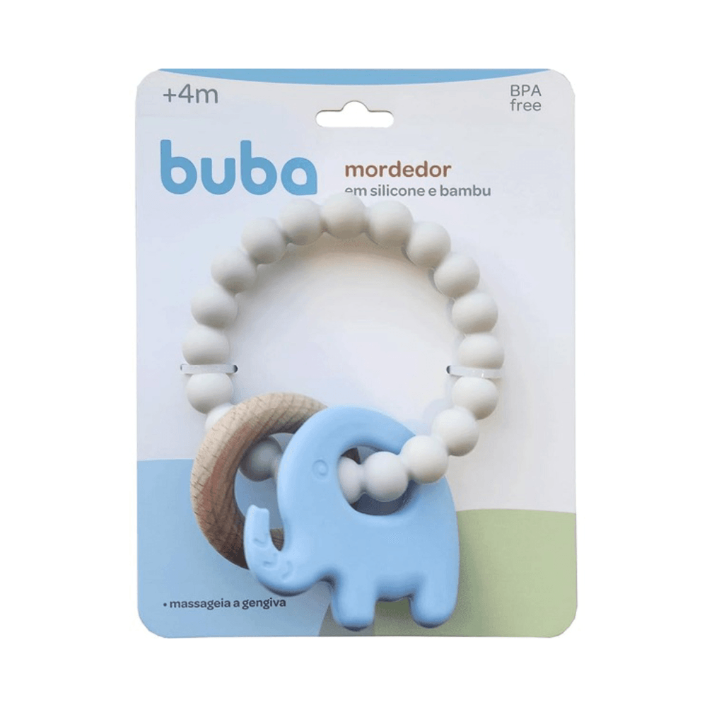 Mordedor Em Silicone E Bambu Elefante Azul Buba 4m+