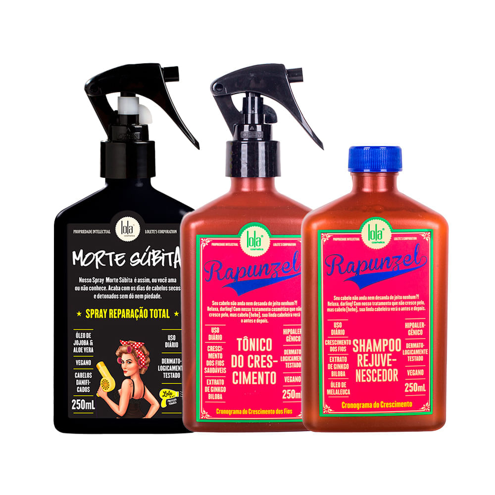 Kit Lola From Rio Leave-In Morte Súbita 250 ml + Shampoo Rapunzel  250 ml + Tônico  Rapunzel 250 ml