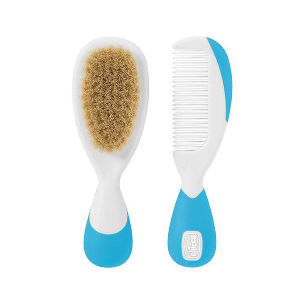 Kit Pente Escova Chicco Cerdas Naturais Azul