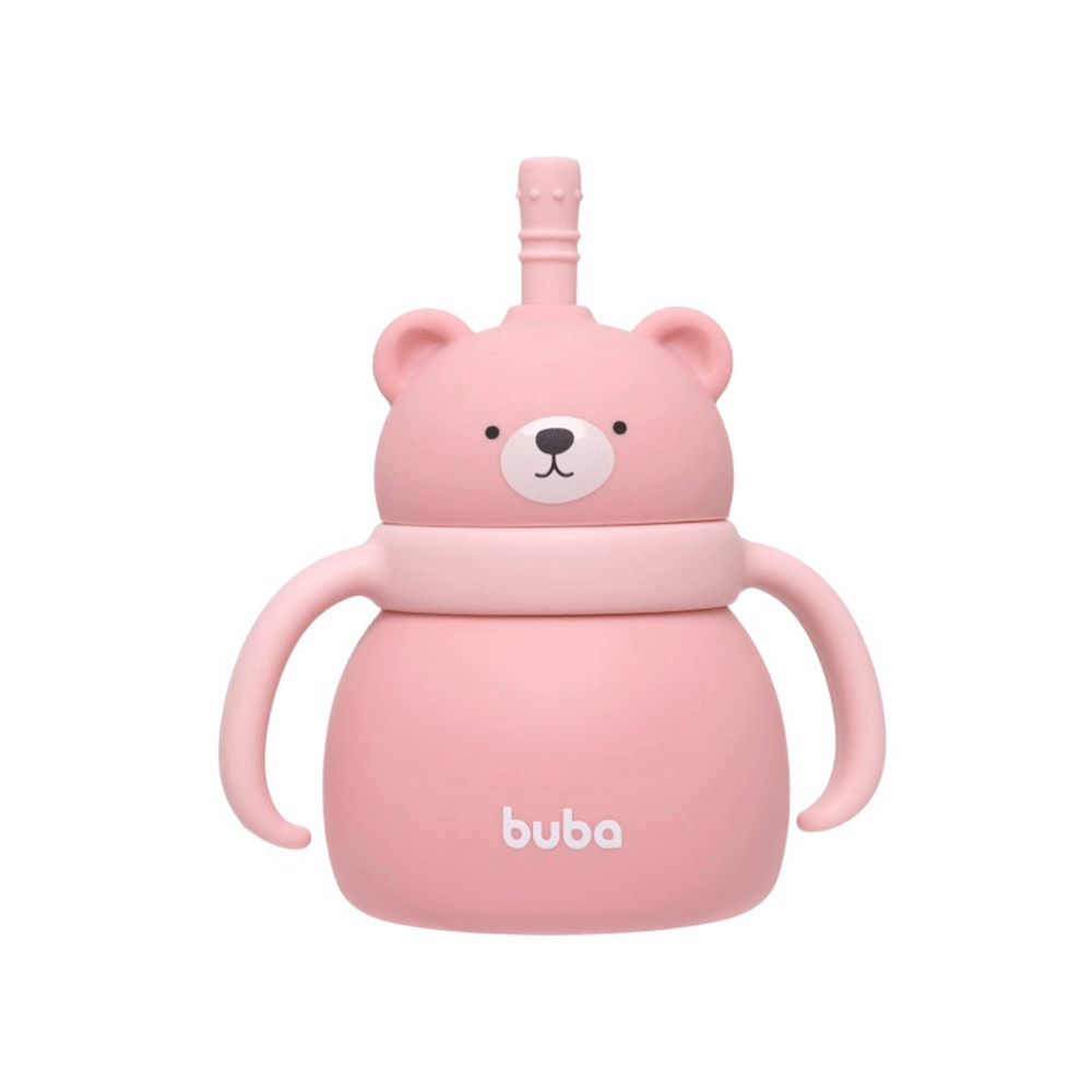 Copo em Silicone com Canudo Ursinho Buba Rosa
