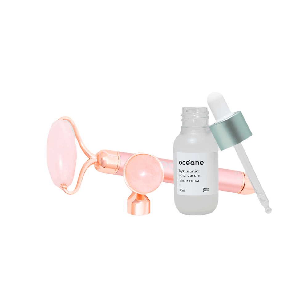 Kit Océane Sérum Facial Com Ácido Hialurônico + Massageador Elétrico De Quartzo Rosa