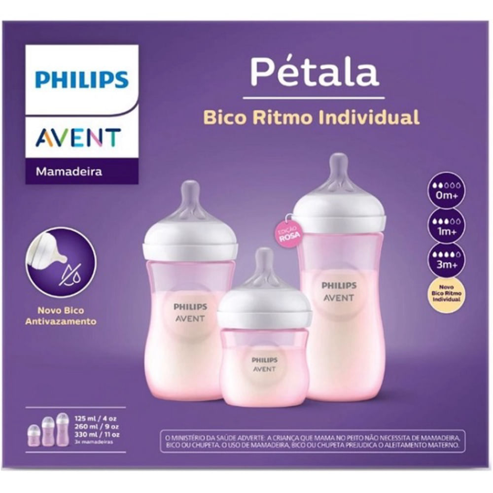 Kit 3 Mamadeiras Anti-Cólica Pétala Philips AVENT 125/260/330ml Rosa