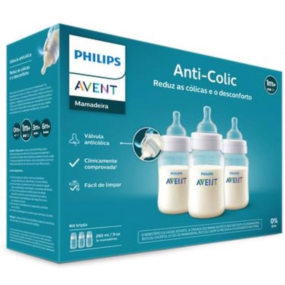 Kit 3 Mamadeiras Anti-Cólica Clássica Philips AVENT 260ml