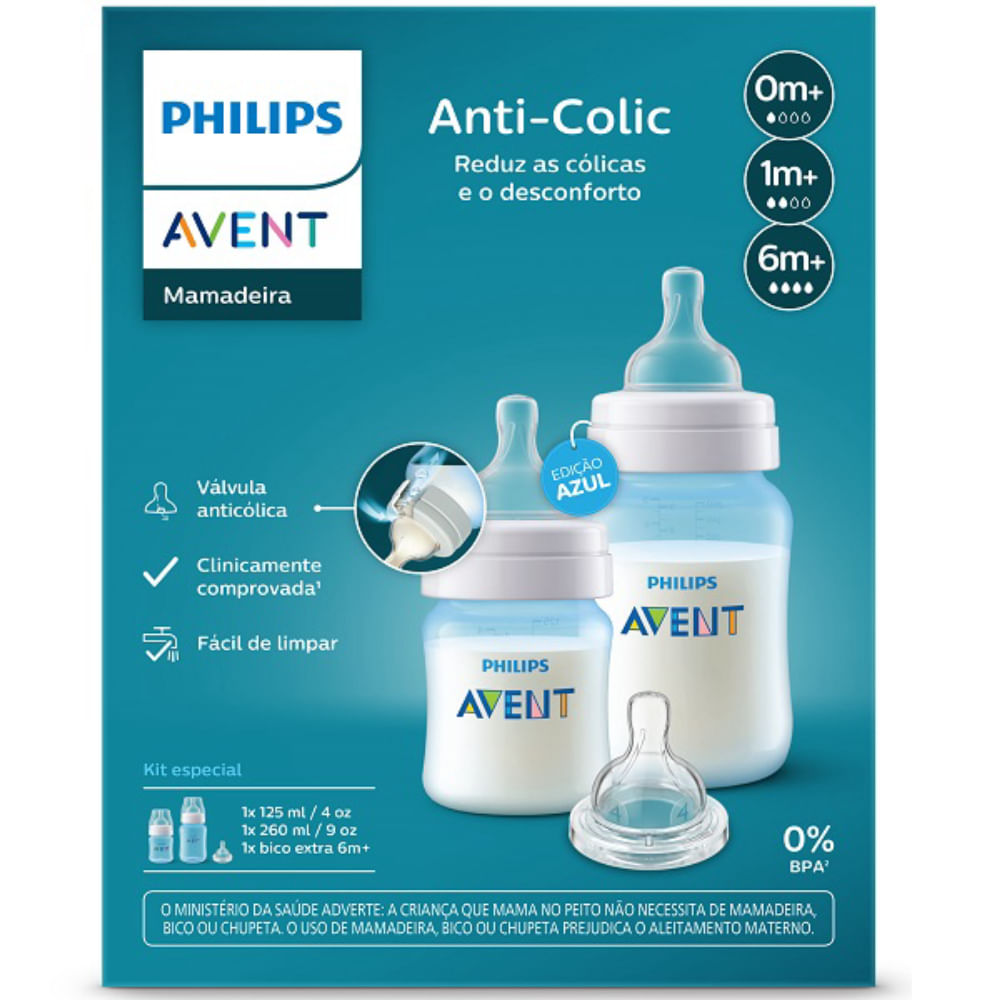 Kit 2 Mamadeiras Clássica + 1 Bico 6M+ Philips AVENT 125ml e 260ml Azul