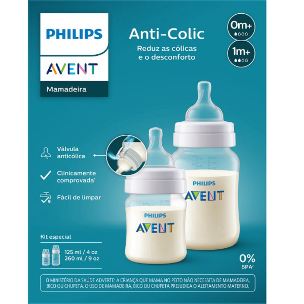 Mamadeira Anti-Cólica Clássica Transparente Philips AVENT 125ml + 260ml