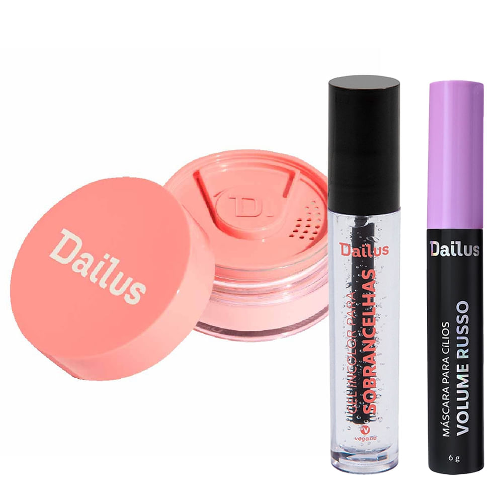 Dailus Kit - Máscara De Cílios + Gel Incolor Para Sobrancelhas + Pó Solto Facial Rosa