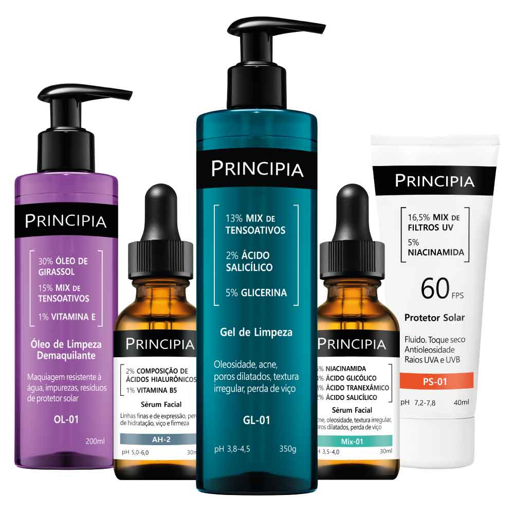 PRINCIPIA KIT ANTI-ACNE DEMAQUILANTE ESSENCIAL GL-01 + OL-01 + AH-2 + MIX-01 + PS-01