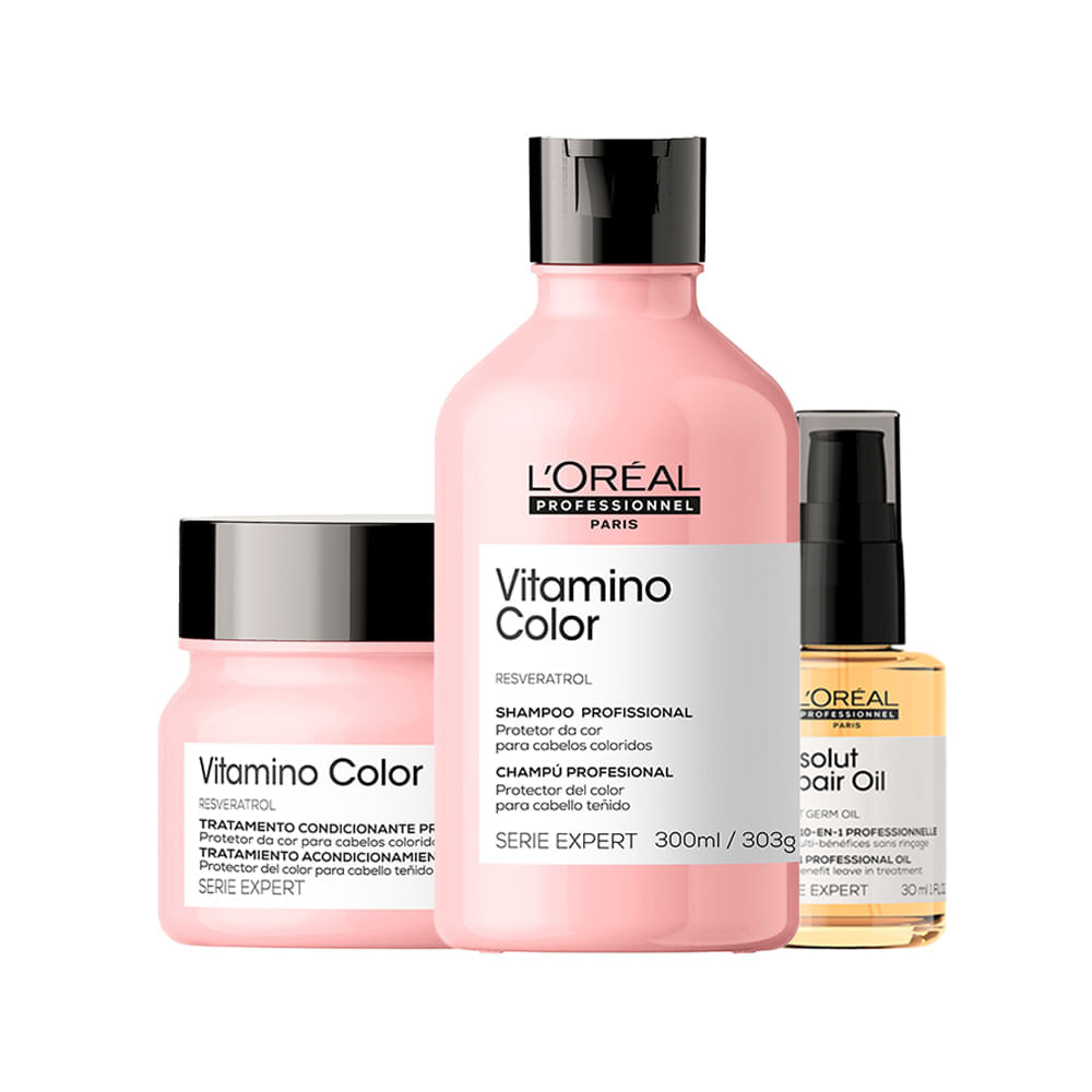 Kit L'oréal Professionnel Serie Expert Vitamino Color Shampoo 300ml + Máscara Capilar 250g  + Óleo Capilar Absolut Repair 10 In 1 30ml