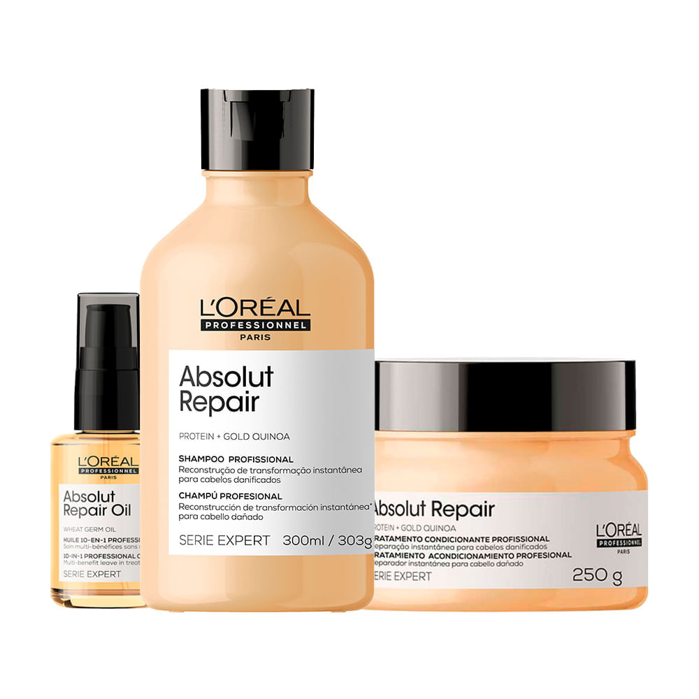 Kit L'oréal Professionnel Serie Expert Absolut Repair Gold Quinoa&nbsp;Shampoo 300ml + Máscara De Reparação 250g + Óleo Capilar 30ml
