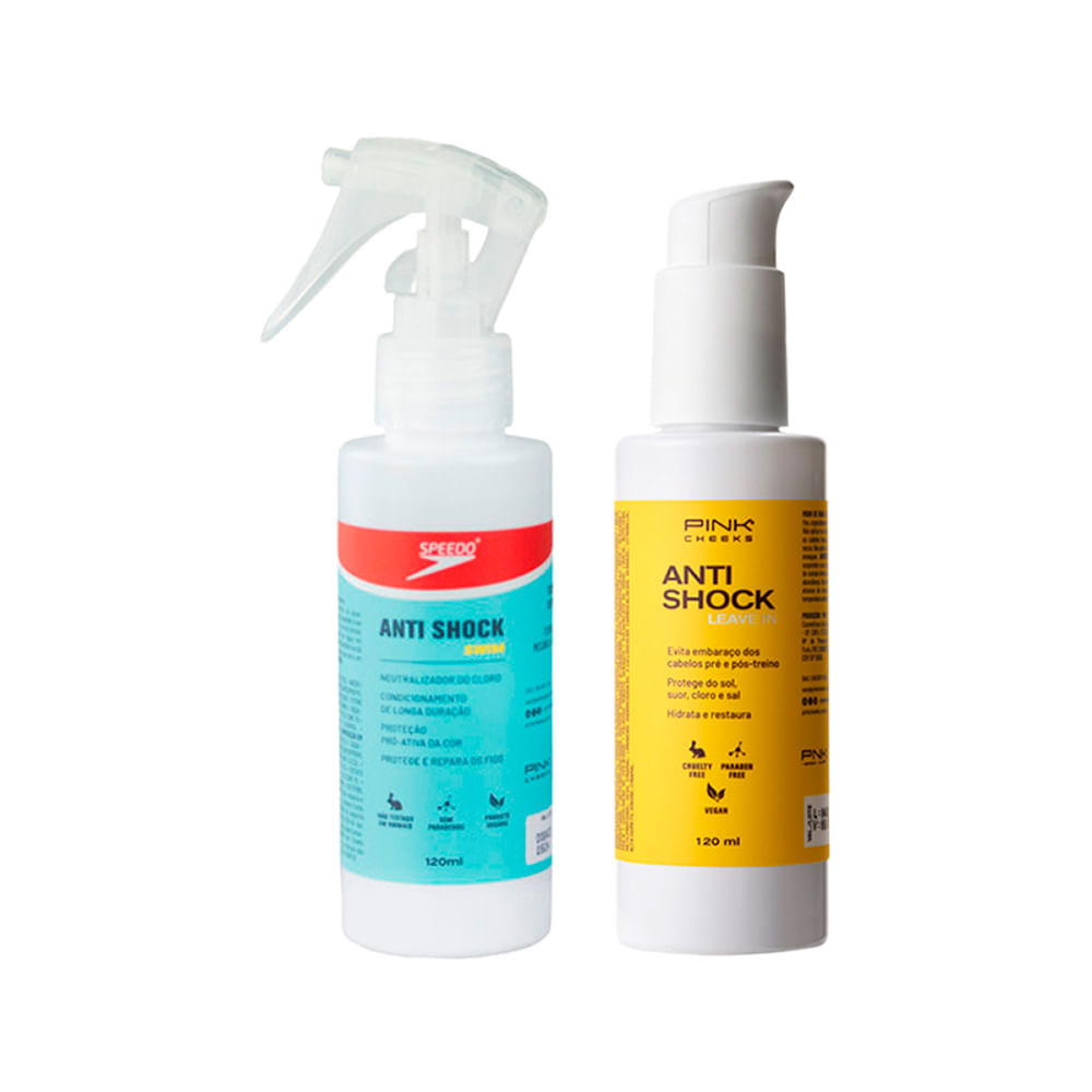 Kit Pink Cheeks Capilar -Leave-In Anti Shock Pré Treino 120ml + Leave-In Anti Shock Swim Speedo Spray 120ml