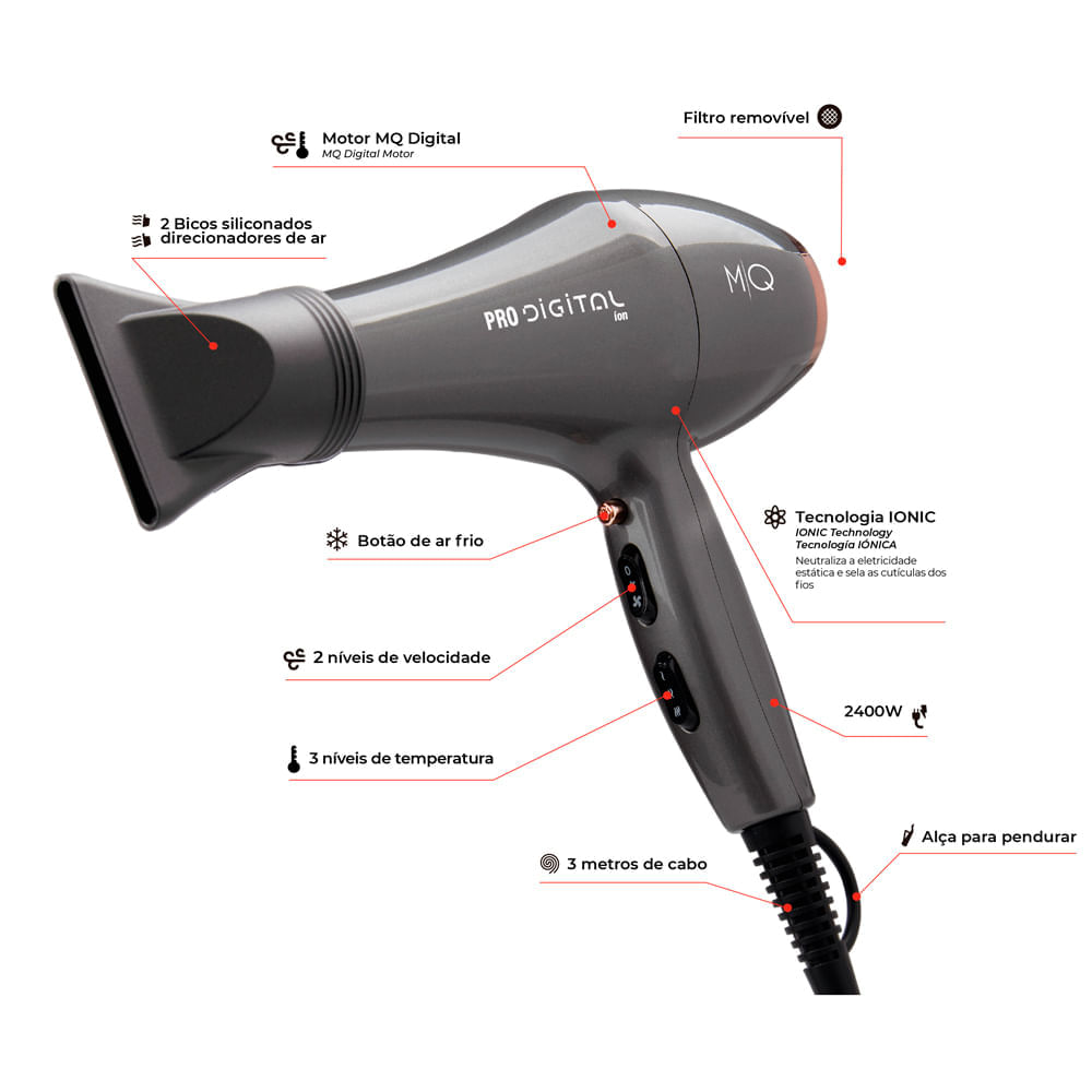 Secador de Cabelo MQ Profissional Pro Digital 2600W com 2 Velocidades Cinza 220V