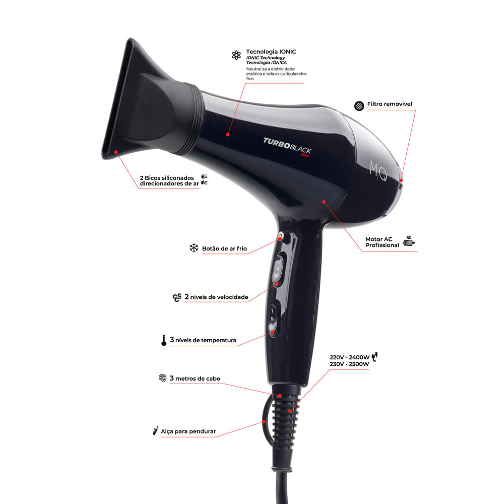 Secador de Cabelo MQ Profissional Turbo Black Ion 2500W com 2 Velocidades Preto 220V