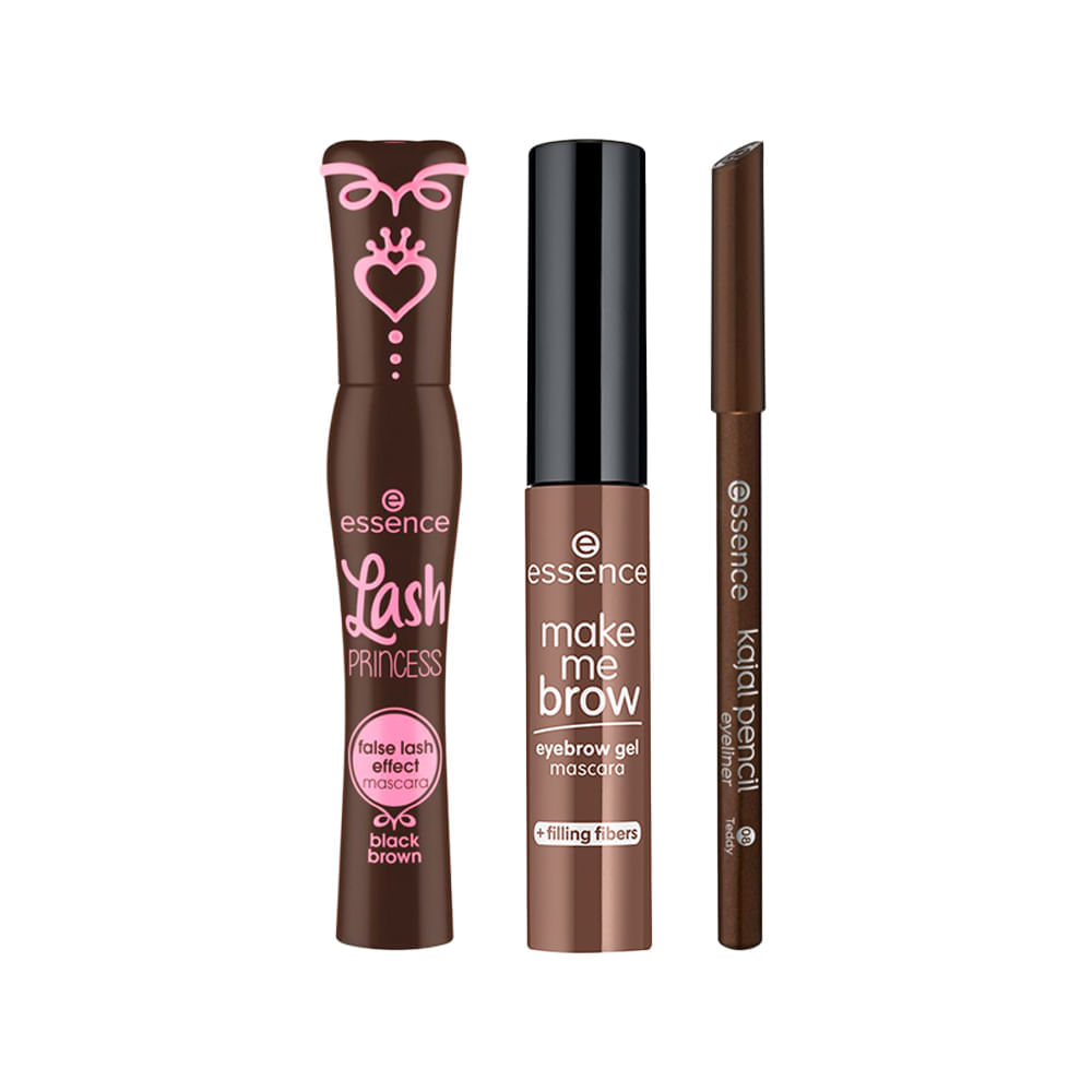 Kit Essence Máscara para Sobrancelha Browny Brows 3,8ml + Máscara para Cílios Marrom 12ml + Lápis de Olho Kajal 08 Marrom 1g