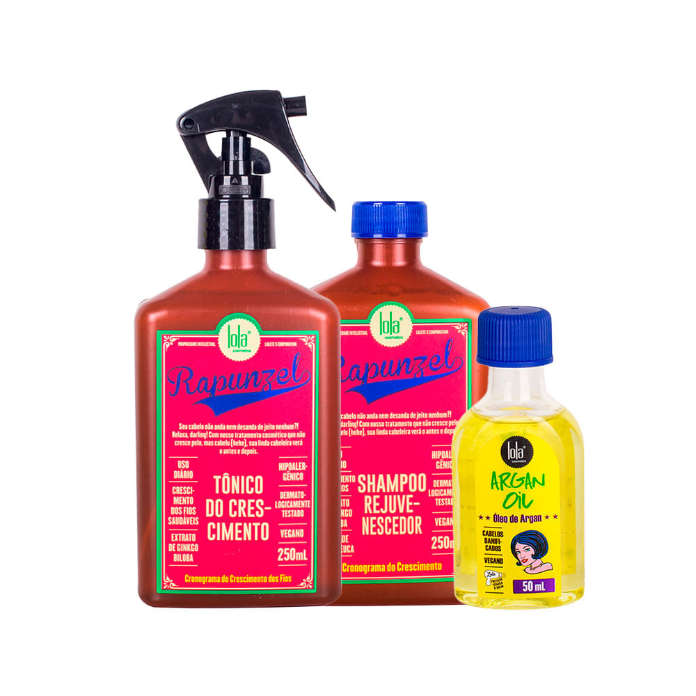 Kit Lola From Rio Leave-In Argan Oil  50ml + Shampoo Rapunzel  250ml + Tônico Rapunzel  250ml