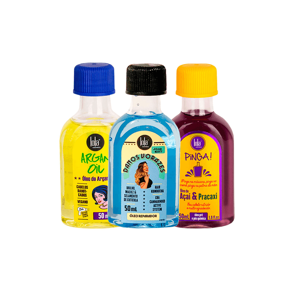 Kit Lola From Rio Óleo Reparador Capilar Lola Cosmetics Danos Vorazes 50ml + Óleo Capilar Lola Cosmetics Argan Oil 50ml + Óleo Capilar Lola Cosmetics Pinga! Açaí & Pracaxi 50ml