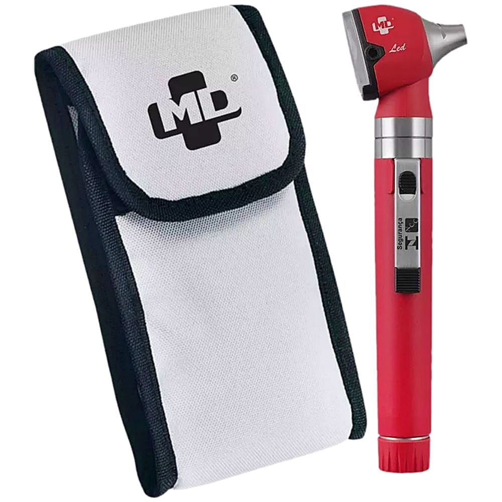 Otoscópio Omni Led Fibra Óptica Md - Vermelho Com Estojo Macio