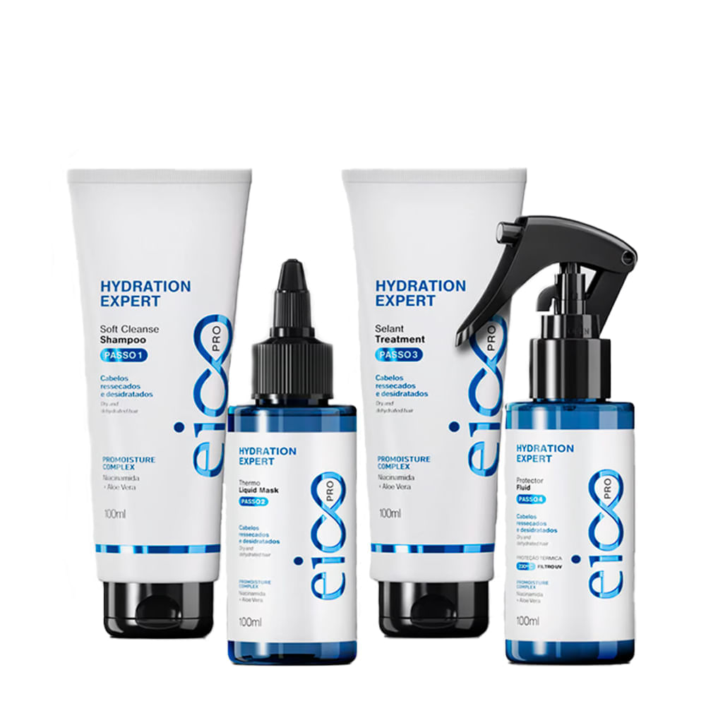 Kit Eico Pro Hydration System Shampoo 100ml + Condicionador 100ml + Máscara Líquida 100ml + Protetor Térmico 100ml