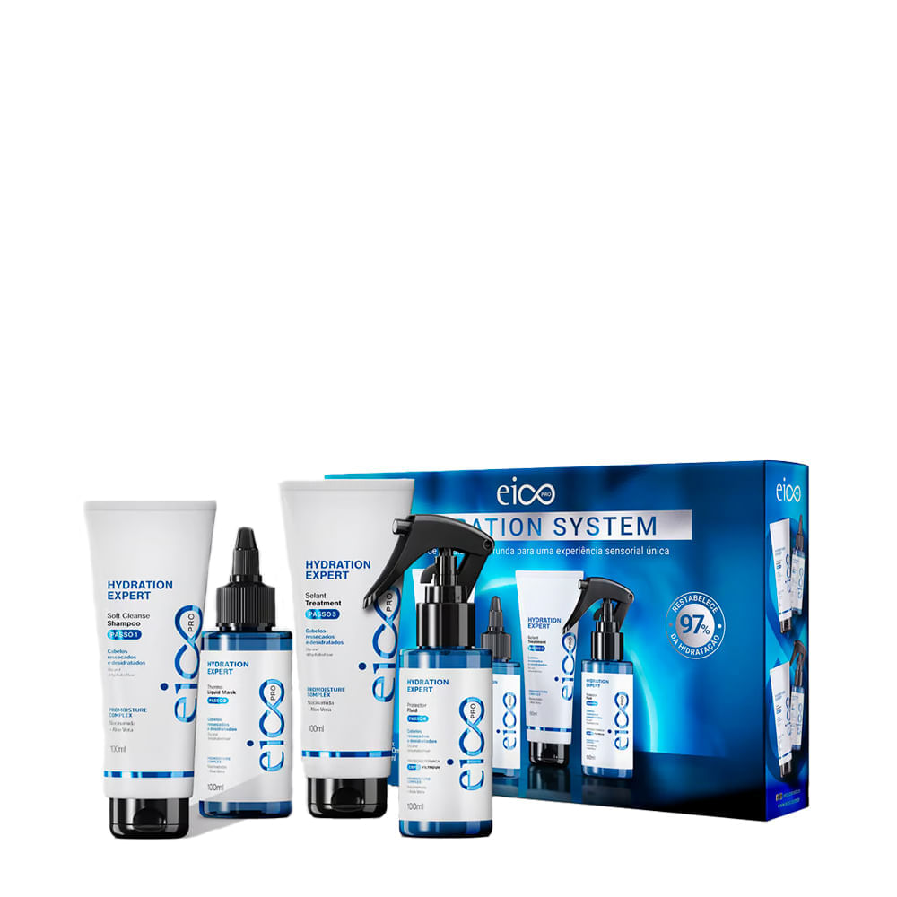 Kit Eico Pro Hydration System Shampoo 100ml + Condicionador 100ml + Máscara Líquida 100ml + Protetor térmico 100ml