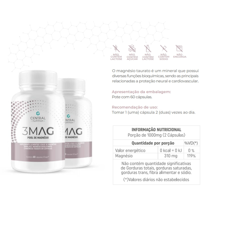 3x 3 Mag Magnesio Quelato Taurato Dimalato Central Nutrition Sem Sabor