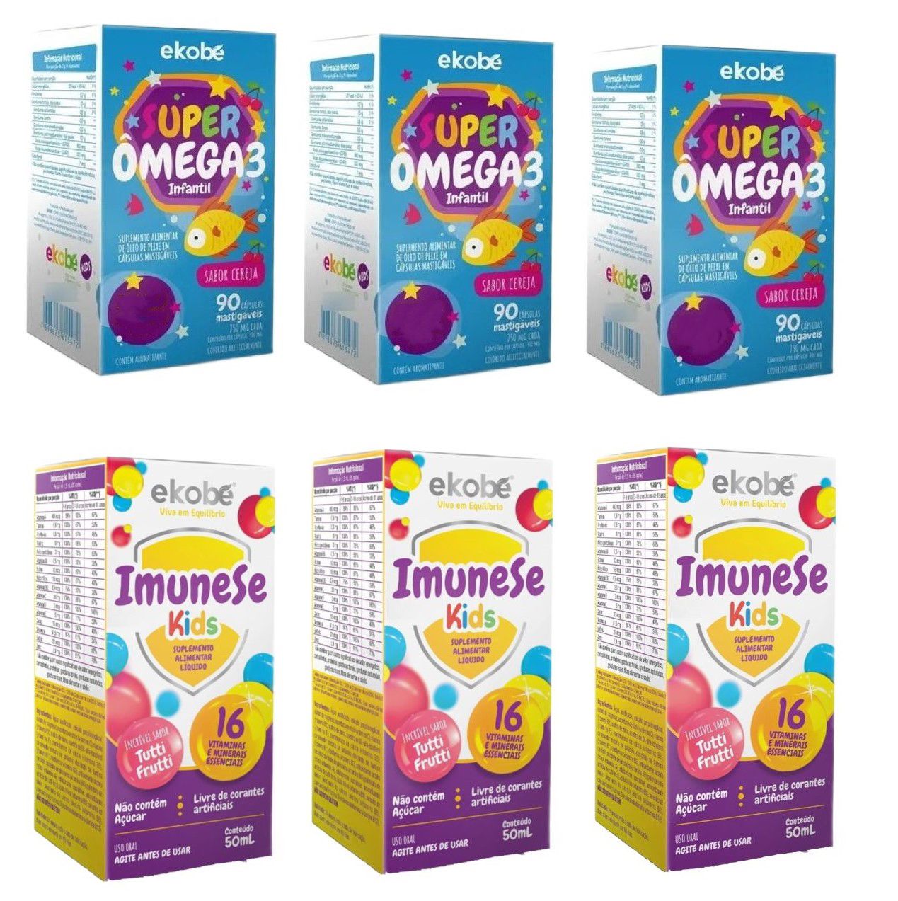 3x Super Ômega 3 + 3x Imunese Kids 16 Vitaminas- Ekobé Kids