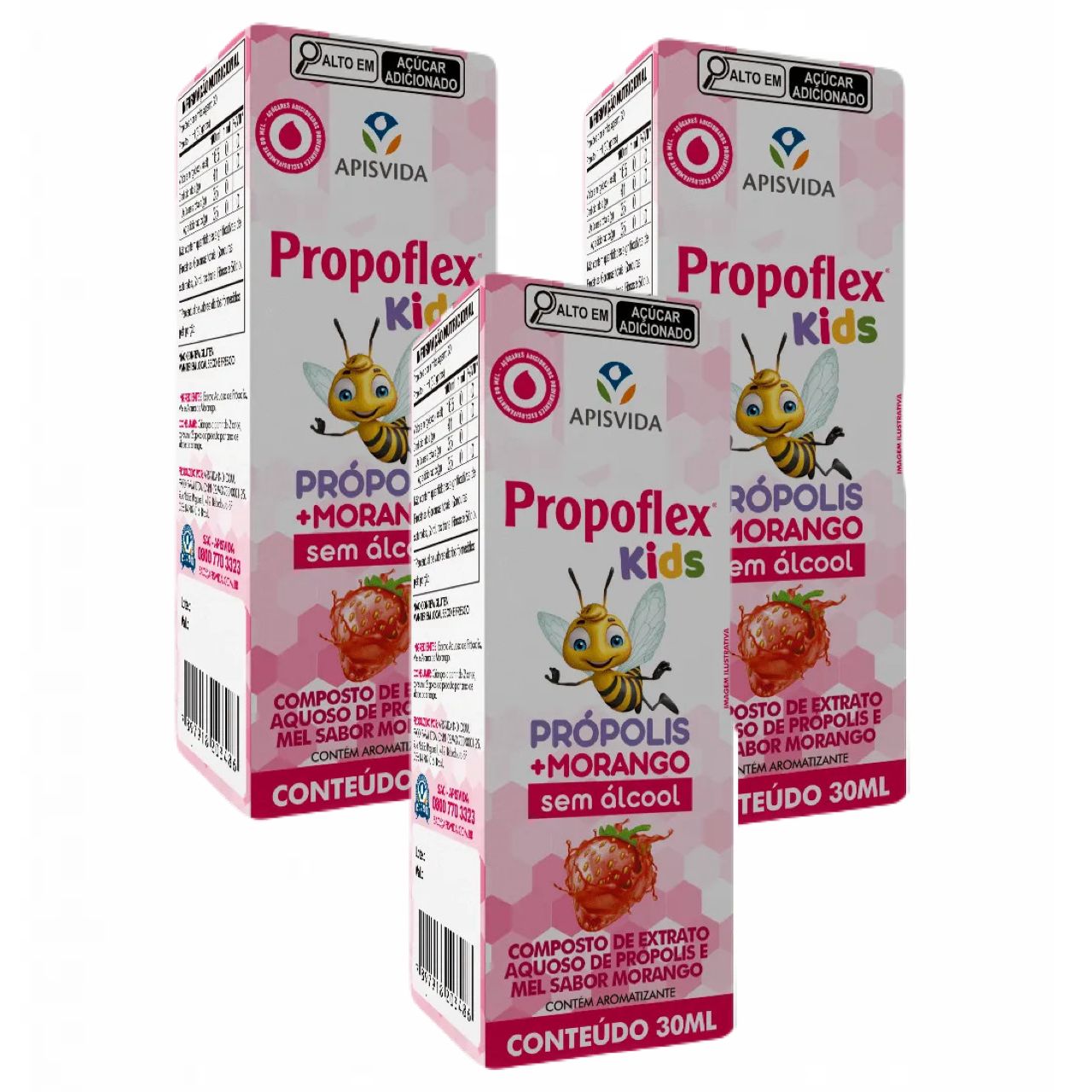 3x Propoflex Kids Morango- Própolis Aquoso-30 Ml Apis Vida