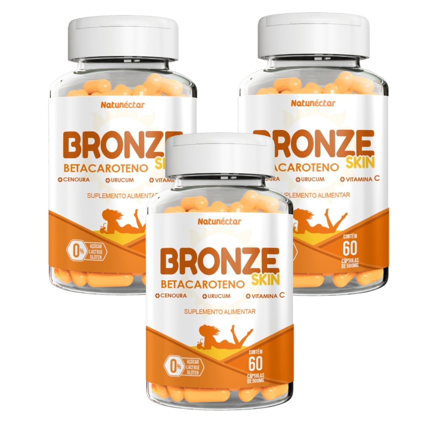 3x Bronze Skin- Betacaroteno- Urucum- Vit. C- 60 Caps. 500mg