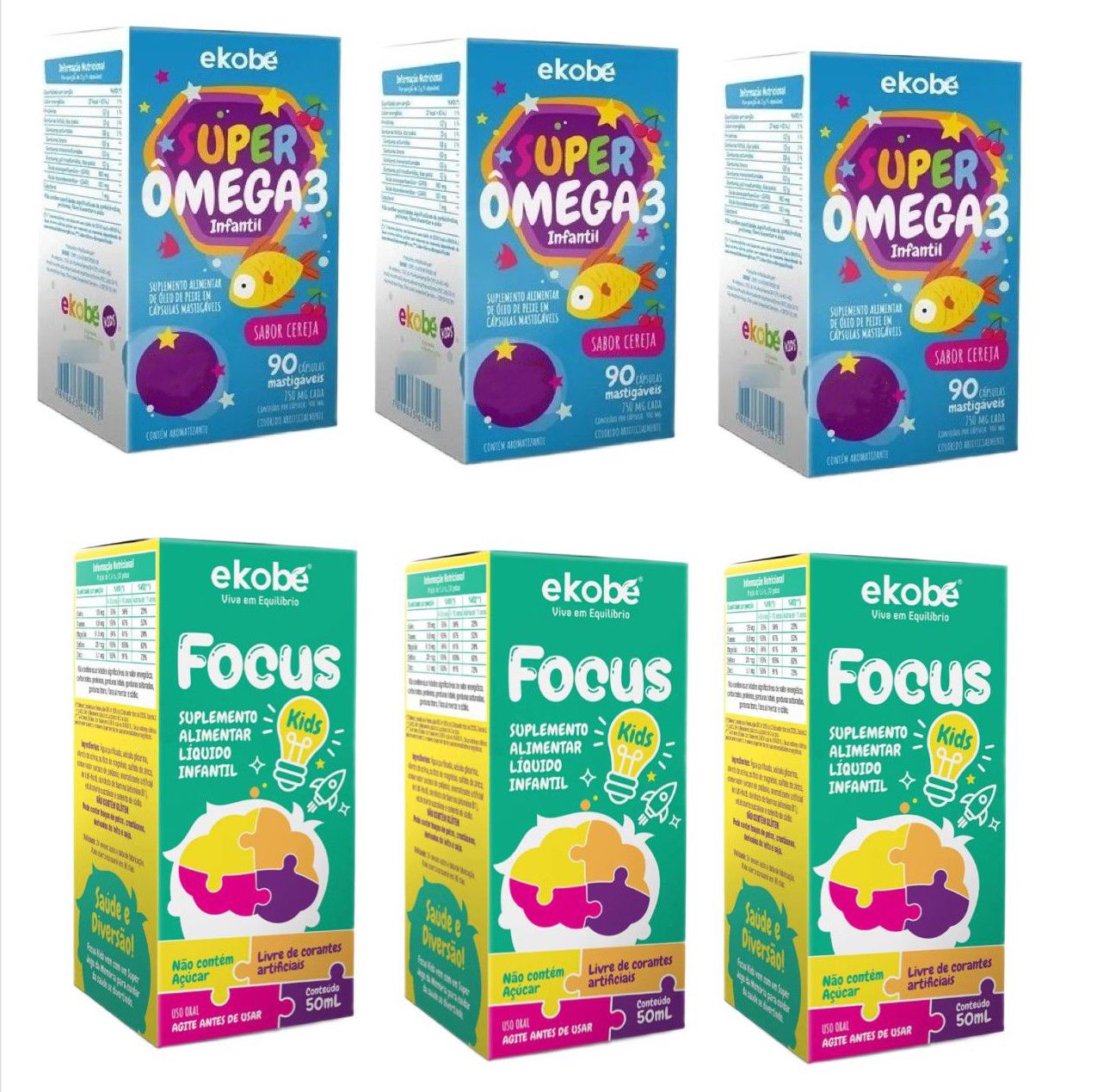3x Focus Kids + 3x Super Ômega 3 - Ekobé Kids