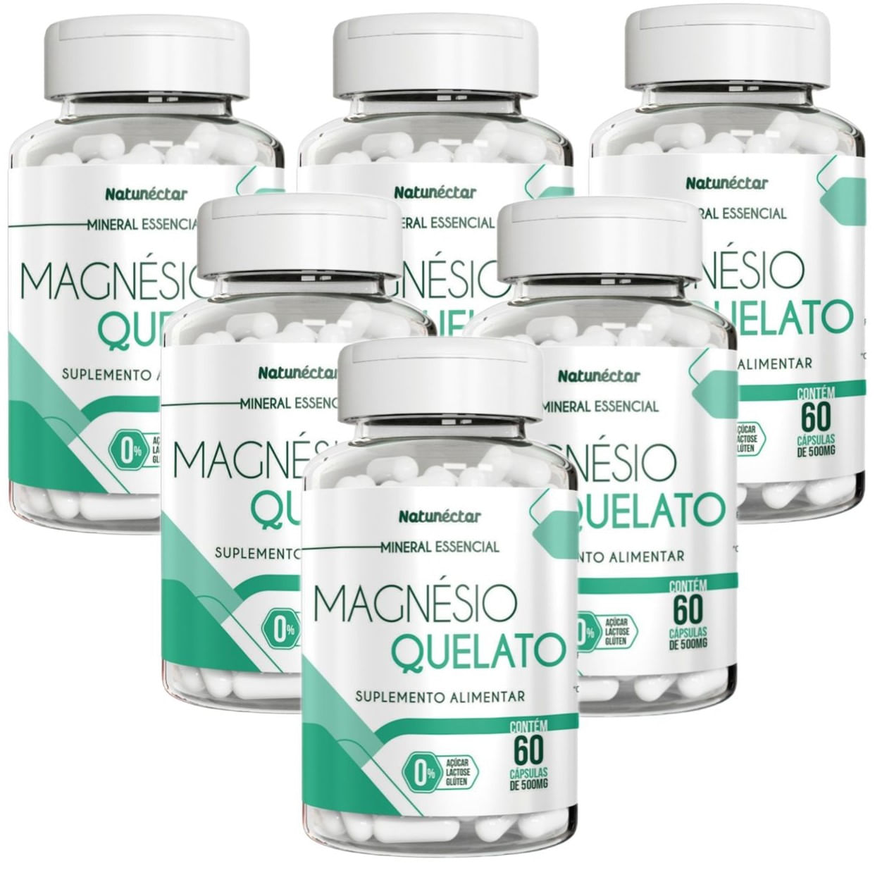 6x Magnésio Quelato Puro Suplemento 60 Cápsulas- Natunéctar