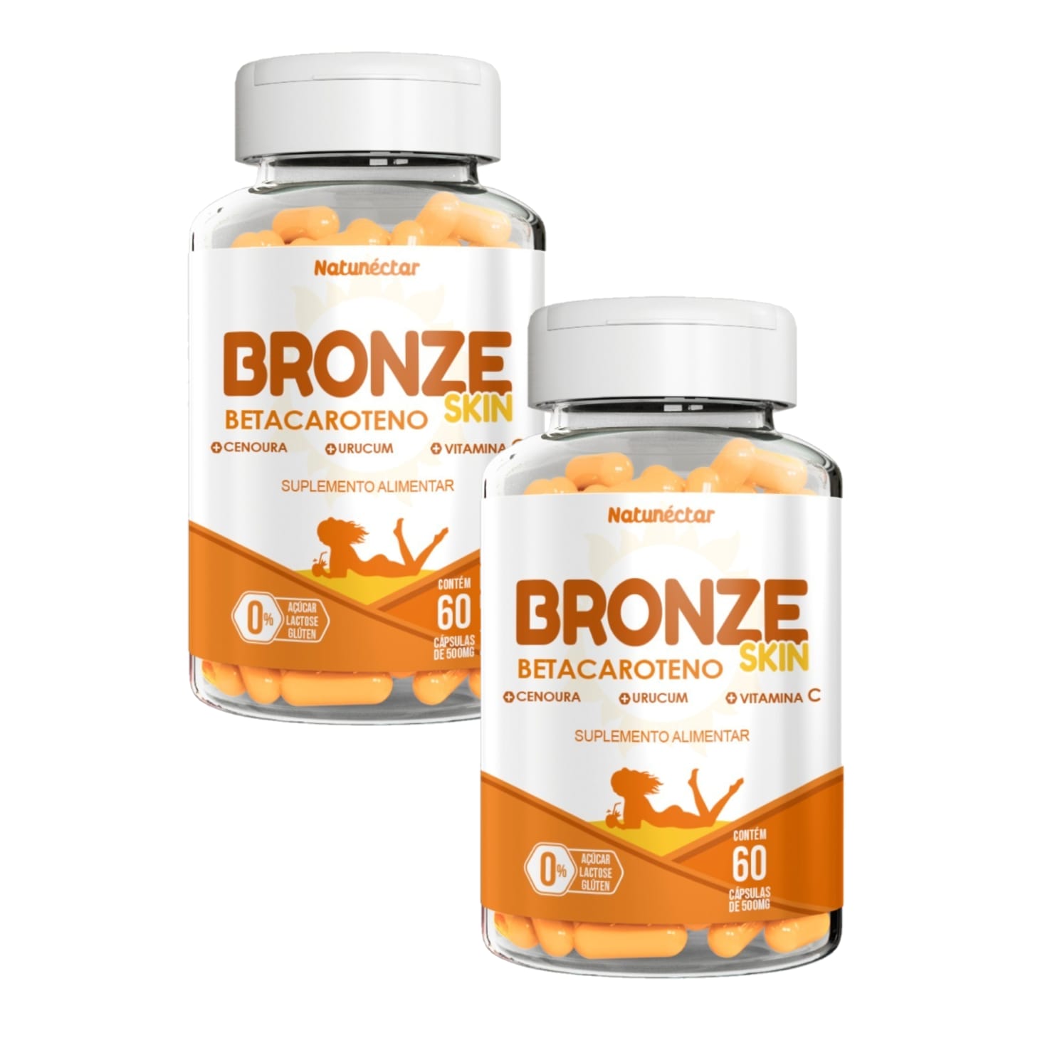 2x Bronze Skin- Betacaroteno- Urucum- Vit. C- 60 Caps. 500mg