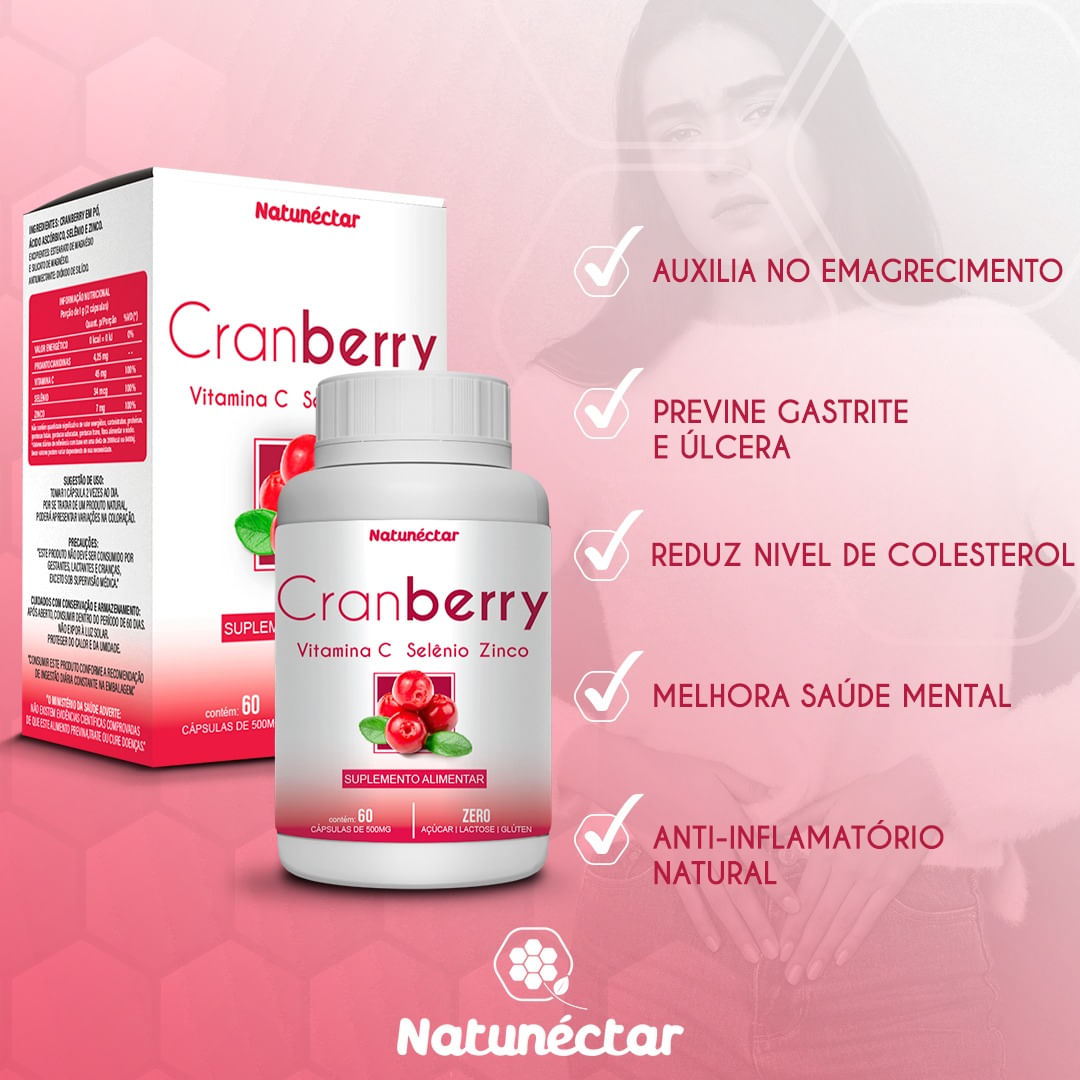 6x Cranberry + Vitamina C + Selênio + Zinco- 60 Cáps. 500mg