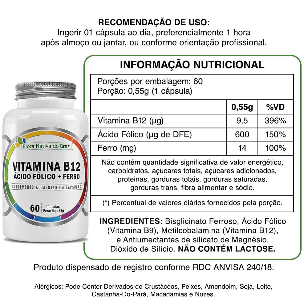6x B12 Metilcobalamina- Ácido Fólico- Ferro- 60 Cápsulas