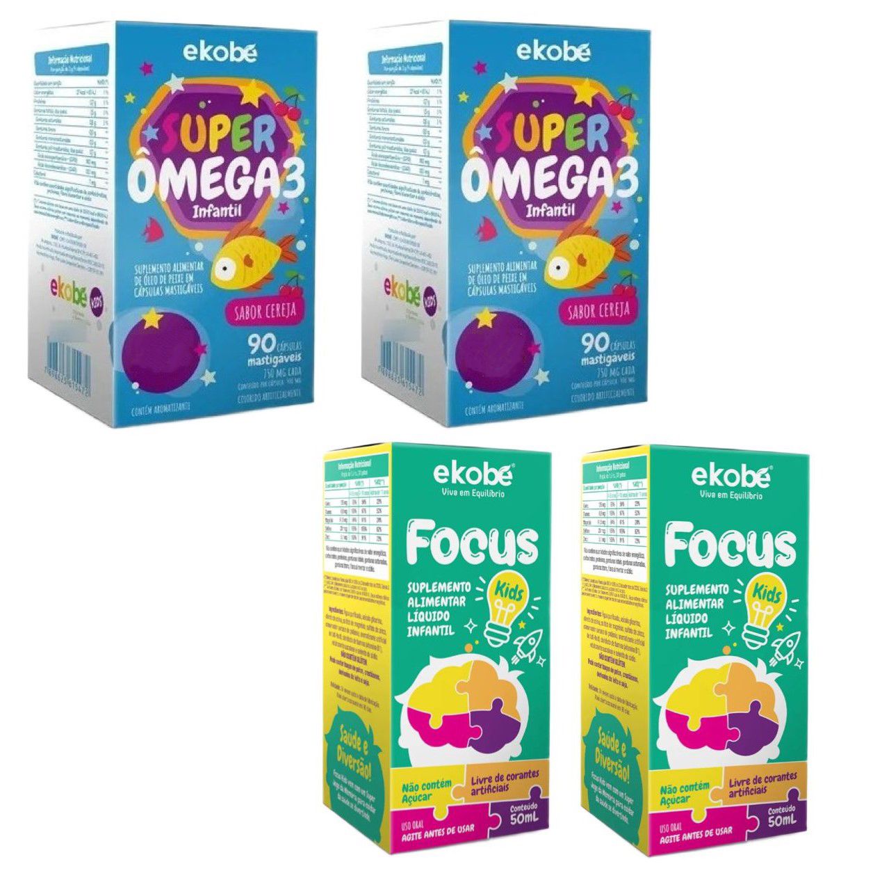 2x Focus Kids + 2x Super Ômega 3 - Ekobé Kids