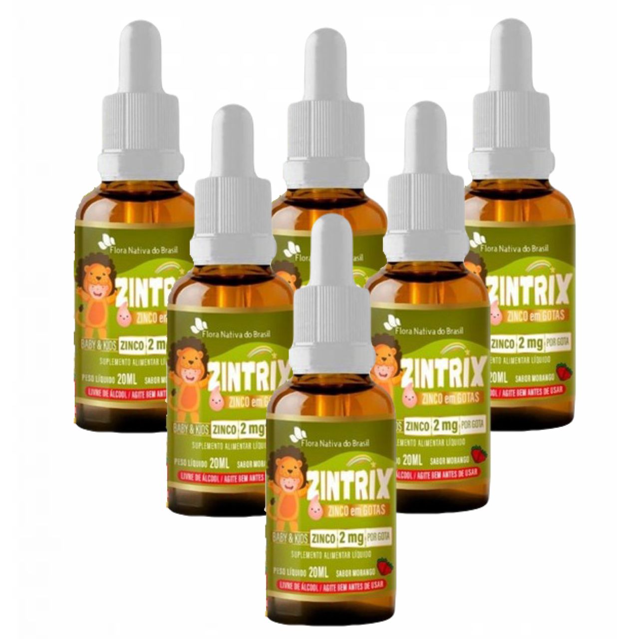 6x Zintrix Zinco Em Gotas Kids- 20ml- Flora Nativa- Morango