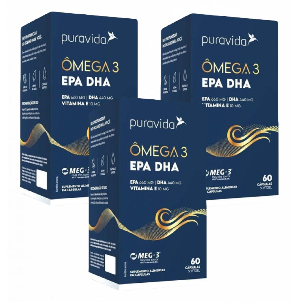3x Ômega 3 EPA DHA- Vit. E- 1.411MG DE ÔMEGA 3- 60 Softgel