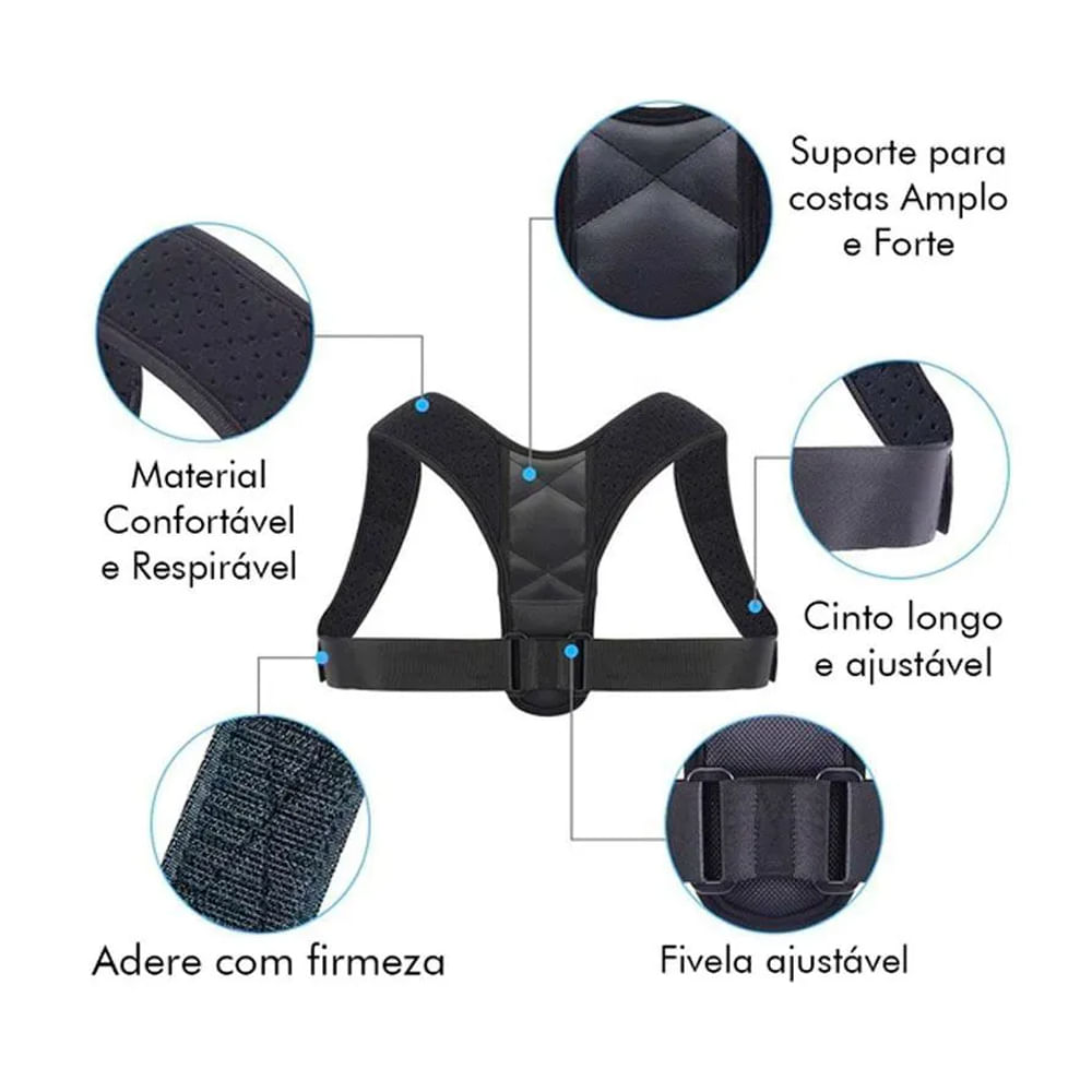 Colete Corretor Postural Suporte Ajustável Unissex Ajeita Coluna Único Preto